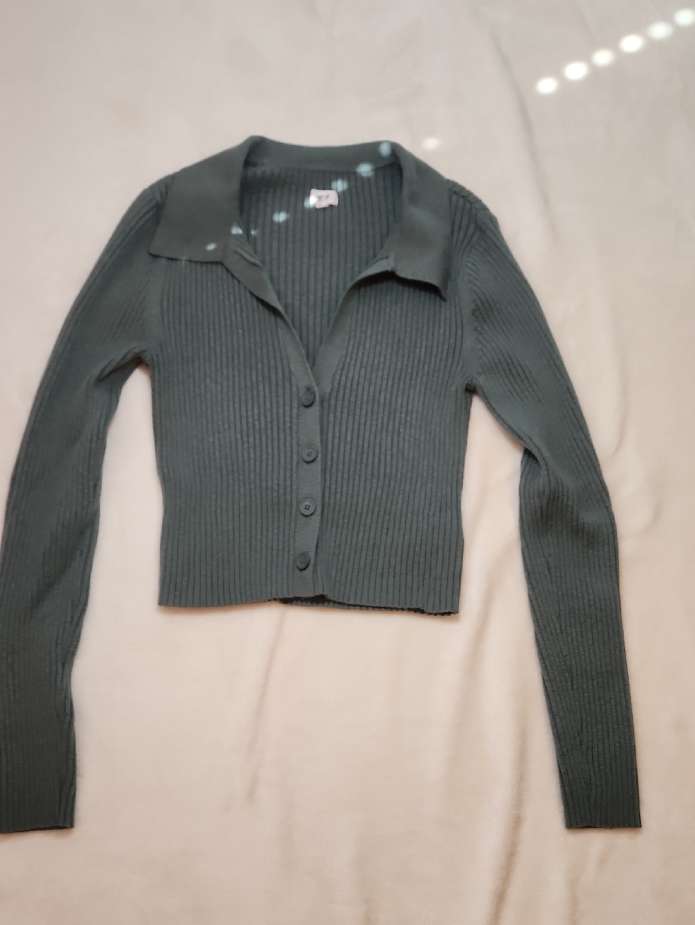 aerie Sage Green Ribbed Collared Button-Front Cropped Cardigan